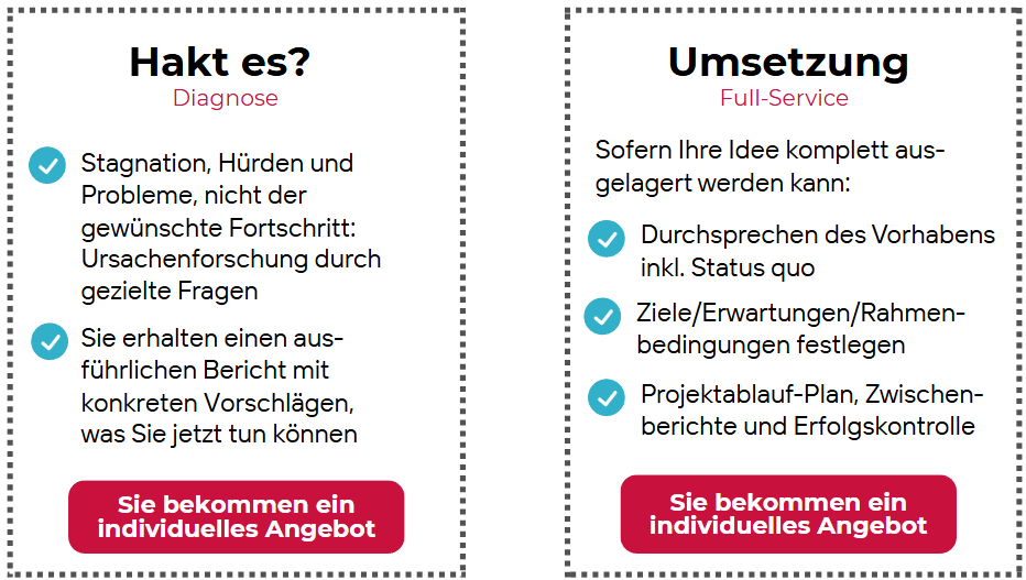 Das Bild zeigt zwei Angebote nebeneinander, jeweils in einem Kasten. Links die Überschrift "Hakt es? Diagnose" mit zwei Unterpunkten: Stagnation, Hürden und Probleme, nicht der gewünschte Fortschritt: Ursachenforschung durch gezielte Fragen. Sie bekommen einen handfesten Bericht mit Vorschlägen, was Sie jetzt tun können. Darunter der Hinweis, dass es ein individuelles Angebot gibt. Rechts davon das Angebot "Umsetzung Full-Service" mit dem Text: Sofern Ihre Idee komplett ausgelagert werden kann. Darunter die Unterpunkte "Durchsprechen des Vorhabens inkl. Status quo", "Ziele, Erwartungen, Rahmbedingungen festlegen", "Projektablauf-Plan, Zwischenberichte und Erfolgskontrolle", ebenfalls mit dem Hinweis auf ein individuelles Angebot
